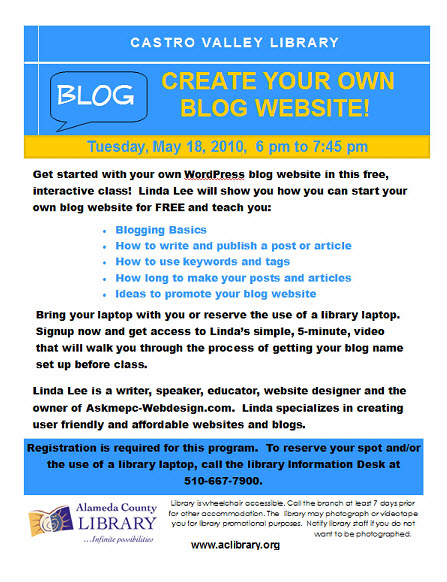 Free blogging class, Castro Valley Library-Linda Lee